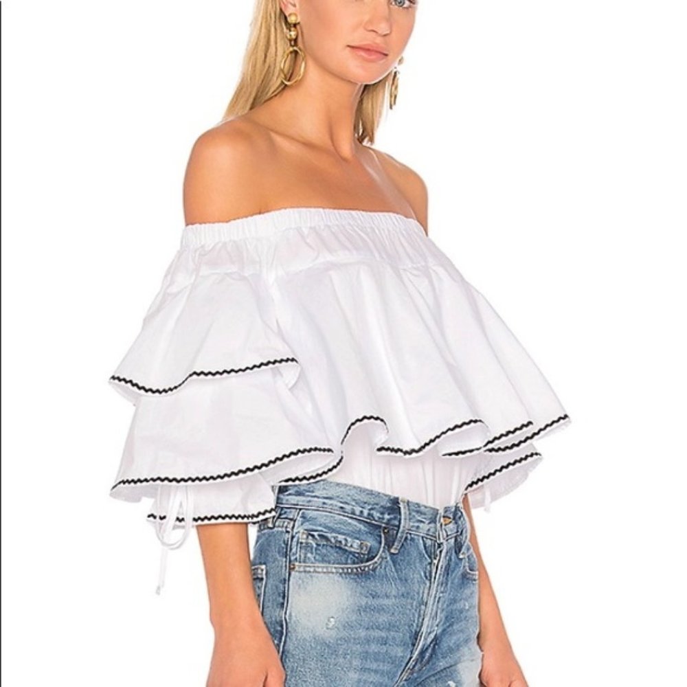 ENDLESS ROSE RUFFLE TRIM OFF SHOULDER TOP IN WHITE - Picture 2 of 6